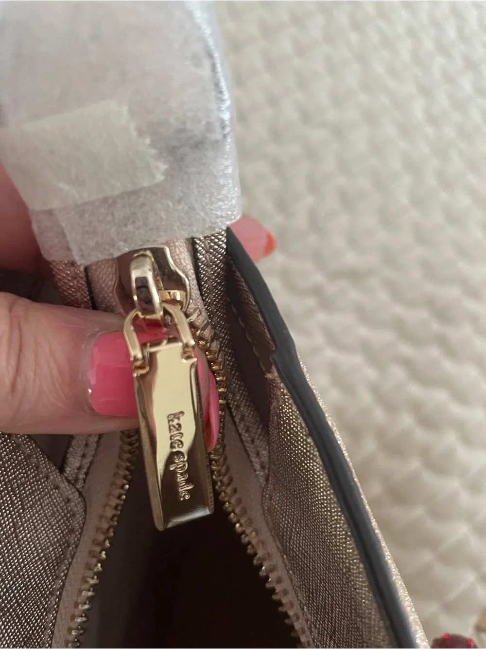 kate spade Metallic Champagne Glitter Tote with Cherry Charm